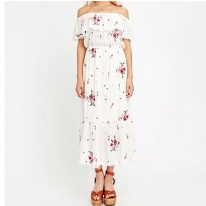 Wonder + Lost SENORITA EMBROIDERED OFF THE SHOULDER MIDI DRESS IN WHITE FLORAL